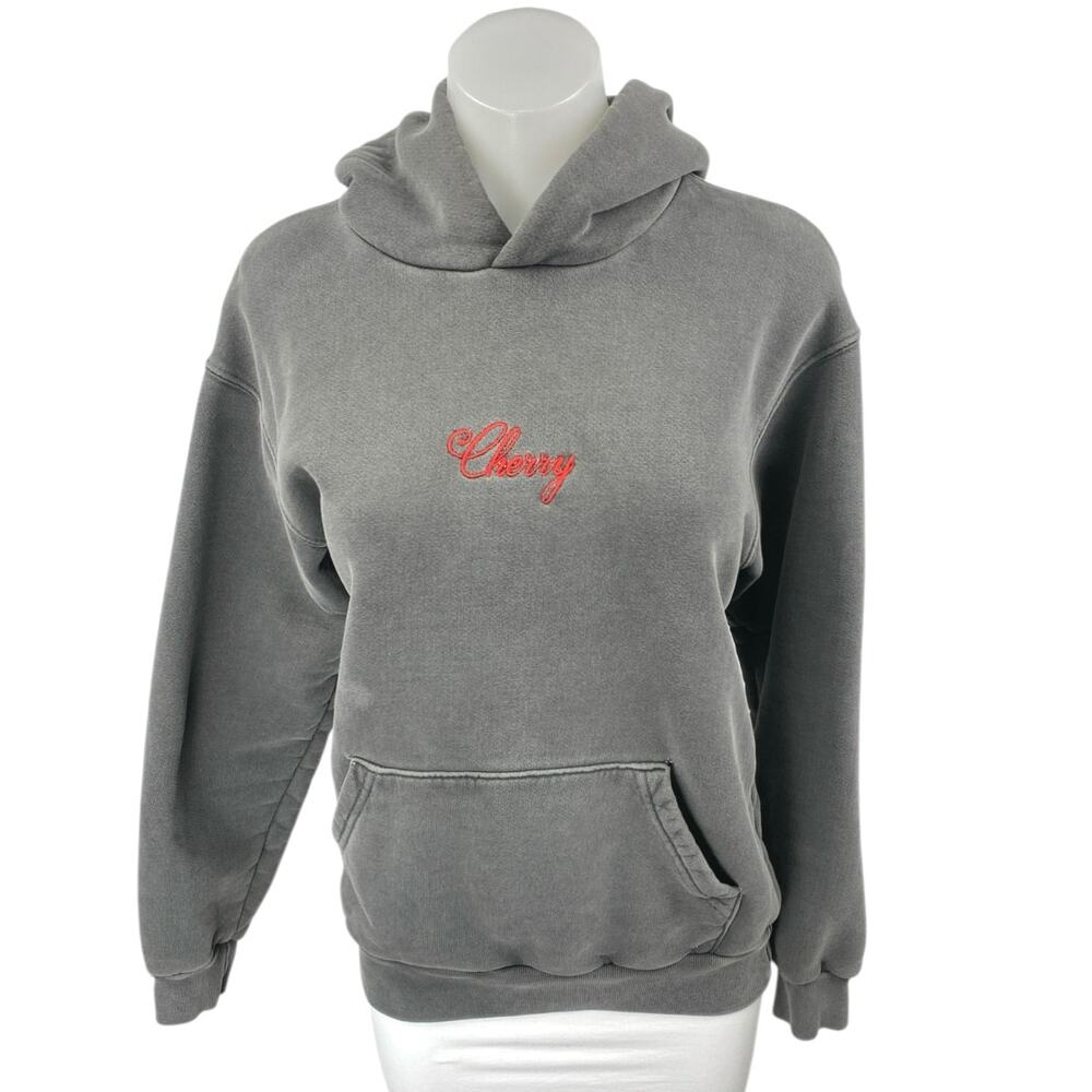 Cherry Women's Gray Embroidered Logo Hoodie Hooded Pocket Sweatshirt Top Size S
